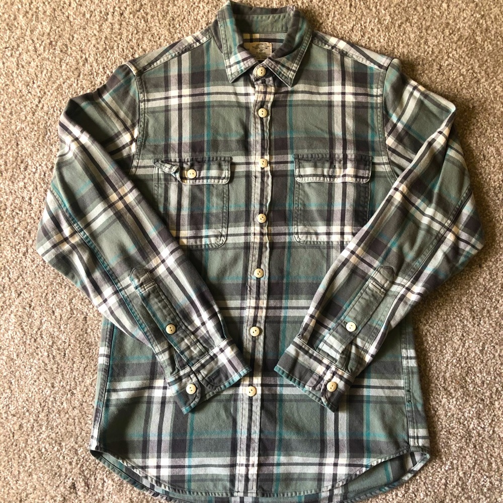 J. Crew casual button down, green/grey plaid, SM